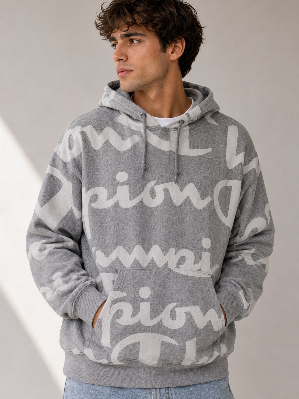 Champion Reverse Weave Allover Script Logo Hoodie Gray M